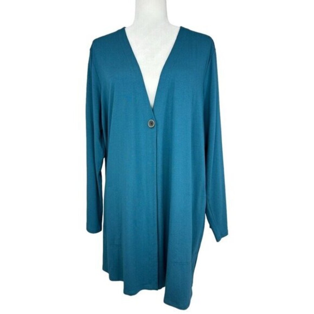 J. Jill‎ Wearever Teal Blue Single Button Longline Cardigan Pockets XL